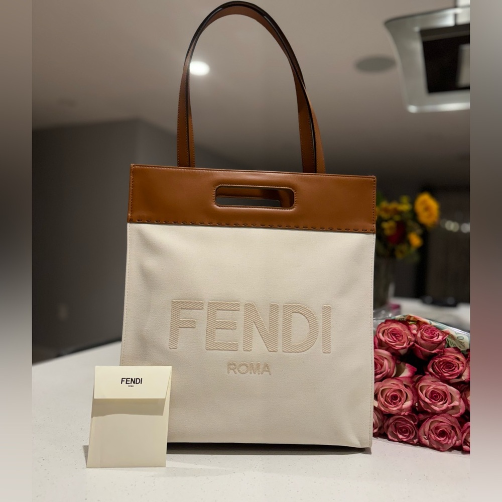 Fendi Roma Embroidered cotton-blend canvas & leather tote bag.